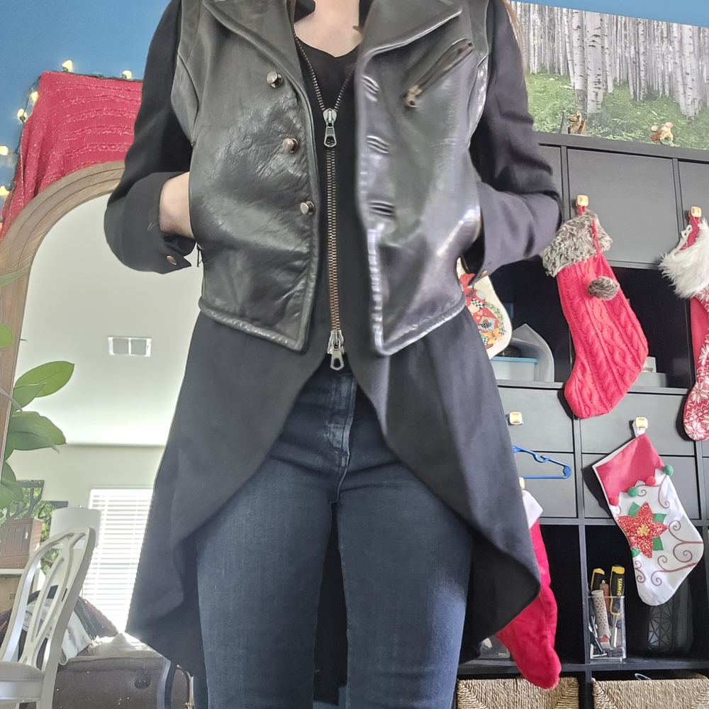 Rag & Bone Black Leather Jacket with Coat Overlay - Picture 3 of 16